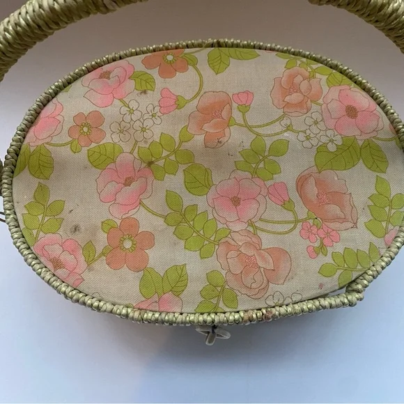 Vintage Dritz Scovill floral sewing oval basket container green pink tan - Picture 2 of 13